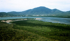 View from Army "Kiowa" helicopter towards the Endeavour River & Cooktown, Queensland, Australia