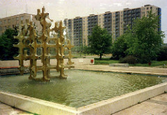 Sculpture, fountain and flats, Miskolc, Hungary 1988