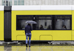 Man, Umbrella, Tram