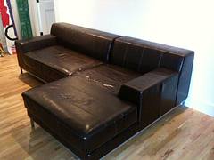 I'm selling my old couch.  Anyone want it?  $300 or b/o.  There's two rips on the right hard part - see next pic for zoom in.  Dimensions:  depth 40" & 64" x height 30" x length 101"