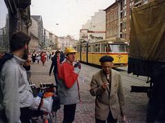 Miskolc, pedesrians, tram nr 174, Route 1, May 1988