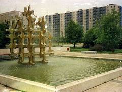 Sculpture, fountain and flats, Miskolc, Hungary 1988