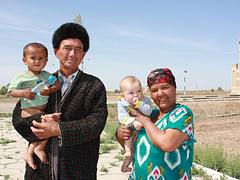Nukus - Khiva, near Qyzyl Qala, grandparents and grandchildren