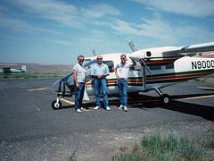 1986. Left-to-right Paul Joseph (ODF), Tim McConnell (USFS) and Dave Swan (pilot and Partenavia sales representative) during a lunch break with the new Oregon Department of Forestry's Partenavia P68 Observer N9000V. (34590993394) 1986. Left-to-right Paul Joseph (ODF), Tim McConnell (USFS) and Dave Swan (pilot and Partenavia sales representative) during a lunch break with the new Oregon Department of Forestry's Partenavia P68 Observer N9000V. (34590993394)