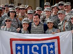 Stephen Colbert arrives at Al Faw Palace at Camp Victory, in Baghdad Iraq on June 5th 2009 and greets soldiers and civilians.