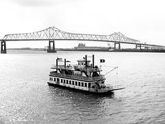 River Boat upstream from Wilkinson Bridge over the Mississippi River, Baton Rouge, 1990s 01bw
