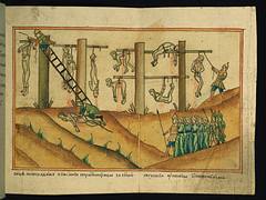 Fathers of the Solovetsky Monastery and their sufferings, Multiple monks hung from scaffold, Walters Manuscript W.916, fol. 72r Fathers of the Solovetsky Monastery and their sufferings, Multiple monks hung from scaffold, Walters Manuscript W.916, fol. 72r