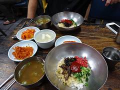 Bibimbap with raw beef and seongiguk beef blood soup at restaurant that has been around since 1927 Jinju Korea