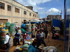 Cuzco train riding through Juliaca market